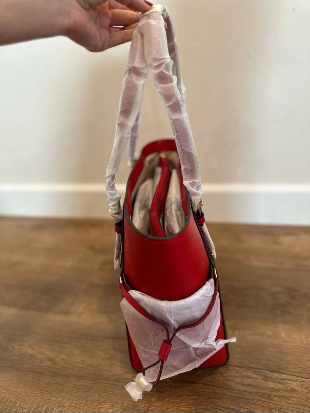 Michael Kors Brown MK Monogram Tote with Red Trim